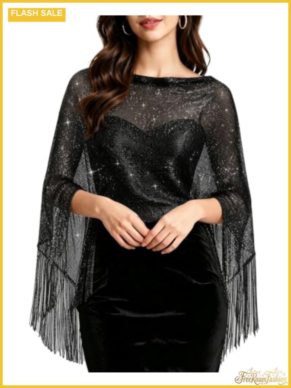 Sparkly Sheer Poncho Shawl Fringe Cape Evening Wrap Cover Up